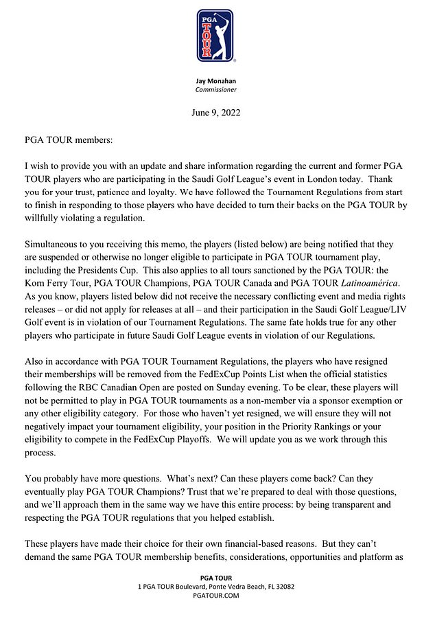 A letter from the PGA Tour informs LIV Golf players that they have been suspended after the split's opening event at the Centurion Club in St Albans, England in June