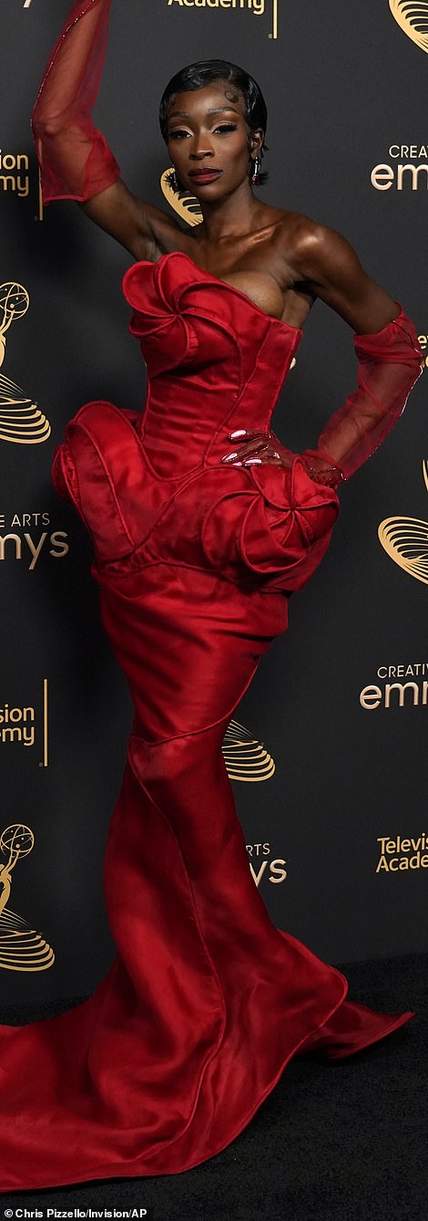 Flared: Chelsea, 29, cut a glamorous figure in an extravagantly designed crimson gown featuring heavily embellished floral accents and stuck to her acting figure.