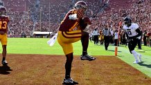 The USC Trojans defeated Rice Owls 66-14 during an NCAA football game at the Los Angeles Memorial Coliseum.