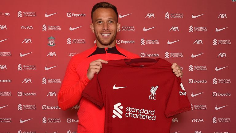 New loan deal Arthur Melo wears a Liverpool shirt