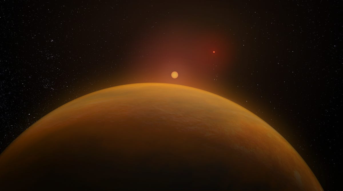 Viewed from the bottom of the frame is a yellow-orange planet representing the exoplanet studied by scientists.  Above the horizon line you can see a small glowing yellow dot representing a star and further from these two spheres is a crimson red dot representing another star.