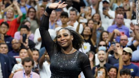 Serena Williams says goodbye to the crowd after losing to Agla Tomljanovic at the US Open.