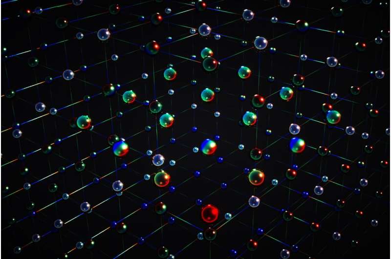 An artist's visualization of the complex magnetic correlations observed by physicists using a pioneering quantum simulator at Kyoto University that uses ytterbium atoms is about 3 billion times cooler than deep space. The different colors represent the six possible spin states for each atom. The simulator uses up to 300,000 atoms, allowing physicists to directly observe how particles interact in quantum magnets whose complexity is beyond the reach of even the most powerful supercomputers. Credit: Ella Maru Studio/K. Hazard / Rice University SU(N) is about 3 billion times cooler than deep space