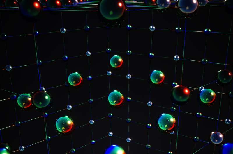 An artist's visualization of the complex magnetic correlations observed by physicists using a pioneering quantum simulator at Kyoto University that uses ytterbium atoms is about 3 billion times cooler than deep space. The different colors represent the six possible spin states for each atom. The simulator uses up to 300,000 atoms, allowing physicists to directly observe how particles interact in quantum magnets whose complexity is beyond the reach of even the most powerful supercomputers. Credit: Ella Maru Studio/K. Hazard / Rice University SU(N) is about 3 billion times cooler than deep space