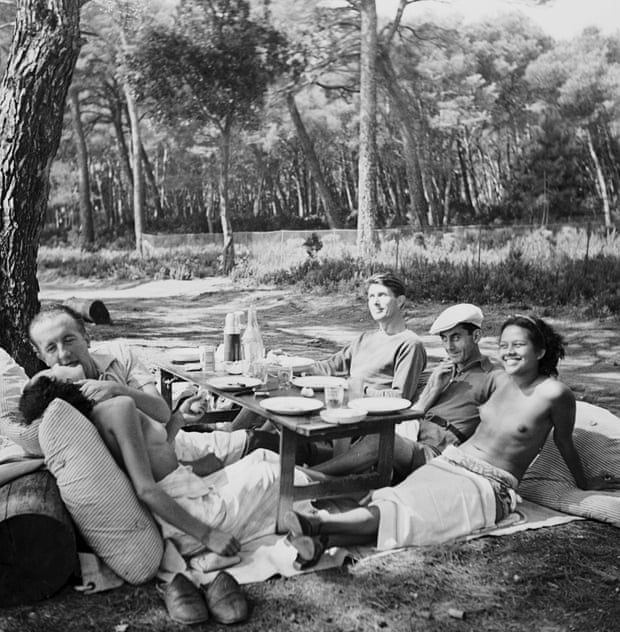 Photo of Miller on a walk with Nosh, Paul Elluard, Roland Penrose, Man Ray and Eddie Fedelin.