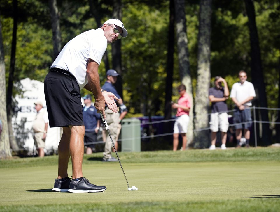 Phil Mickelson wore shorts to practice and put on the green ahead of Saturday's second round in Bolton.