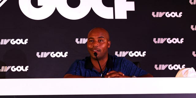 Harold Varner III speaks to the media during a press conference prior to LIV Golf Invitational Boston at The Oaks Golf Course at The International in Bolton, Massachusetts, on August 31, 2022.