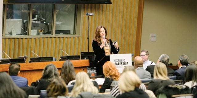 Claudia Edelman during a speech on the numbers and impact of Hispanics across the USA.